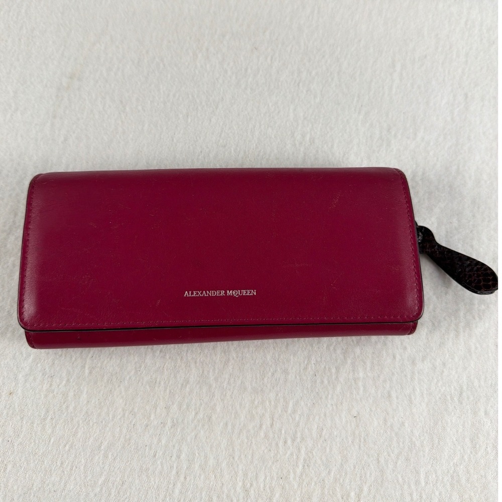 Alexander McQueen Magenta Pink Leather Continental Wallet Tan Pockets Italy